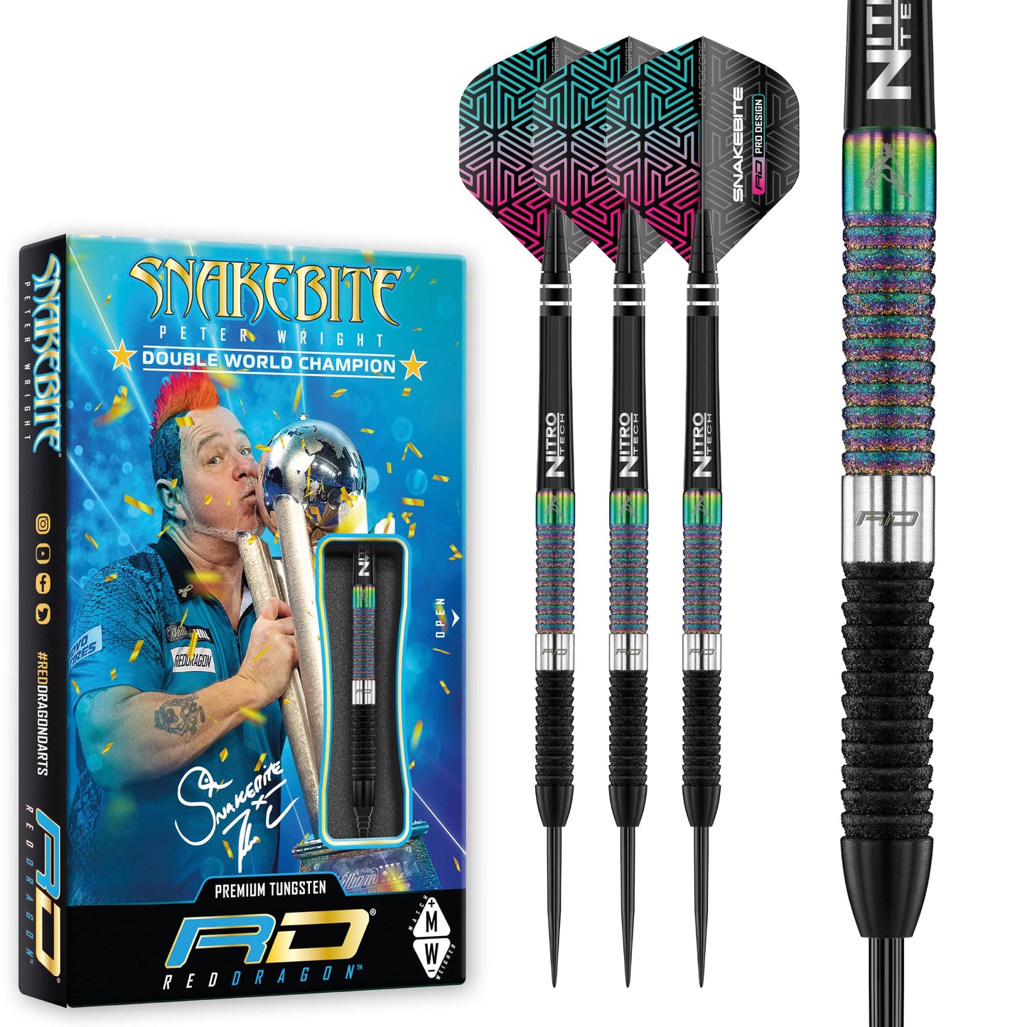 RED DRAGON Peter Wright Snakebite World Champion Diamond Fusion SE Professional Darts Set including Flights and Shafts (Stems)