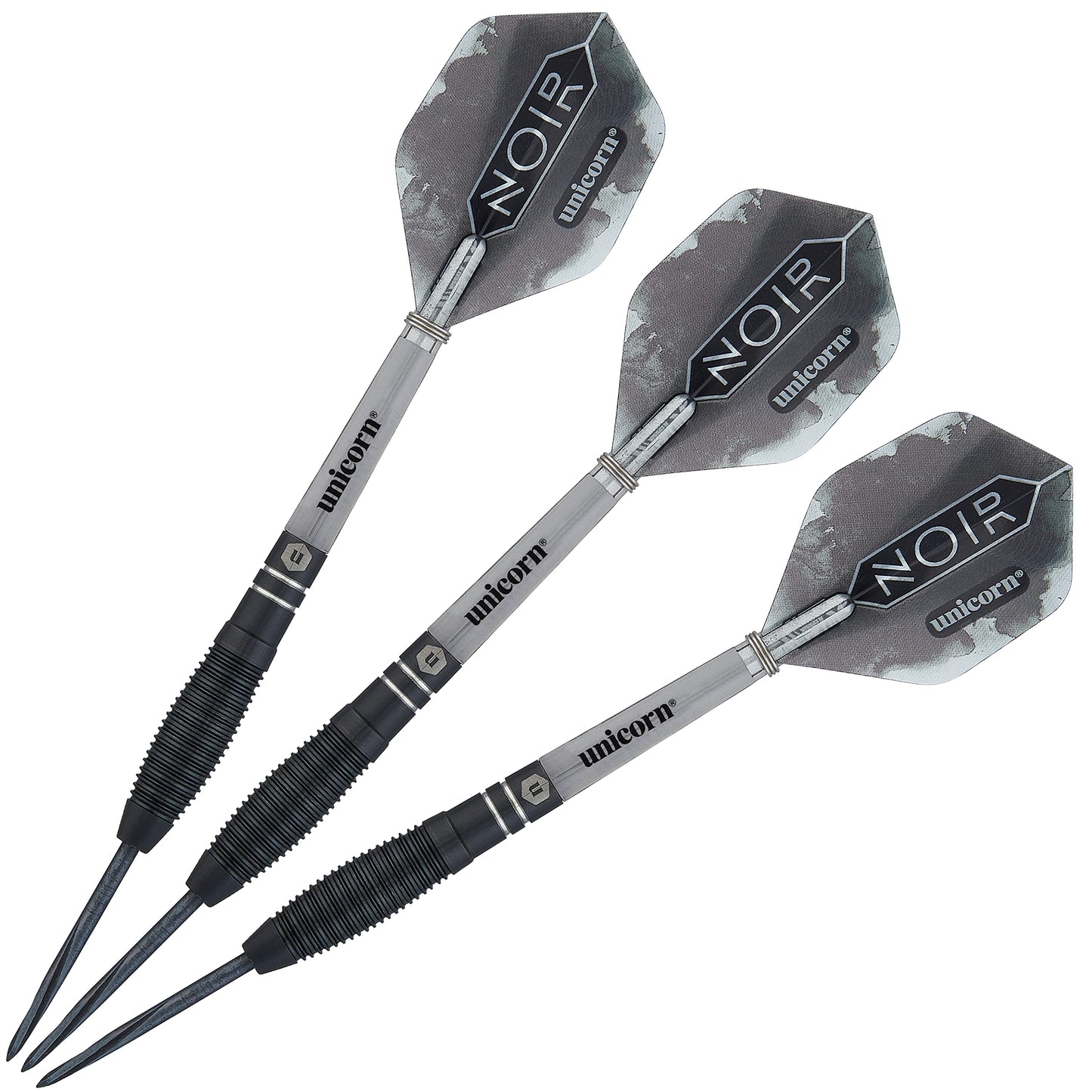 Unicorn Steel Tip Darts Set - Noir - 90% Tungsten Barrels with Black Titanium Coating & Black Volute Points - 21 g, 22 g, 23 g, 24 g, 25 g or 26 g