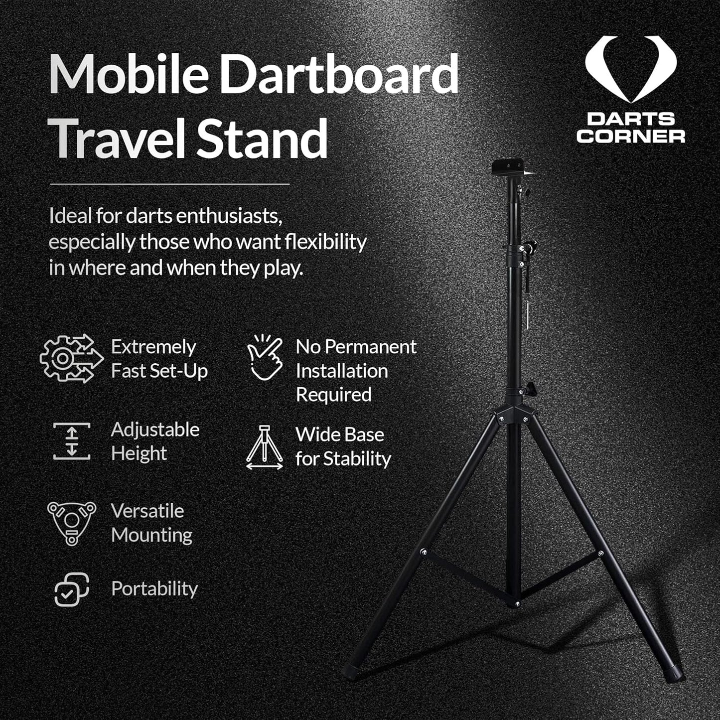 Darts Corner DM01 | Professional Portable Tripod Dartboard Travel Stand for Mobile Darts Play, Black