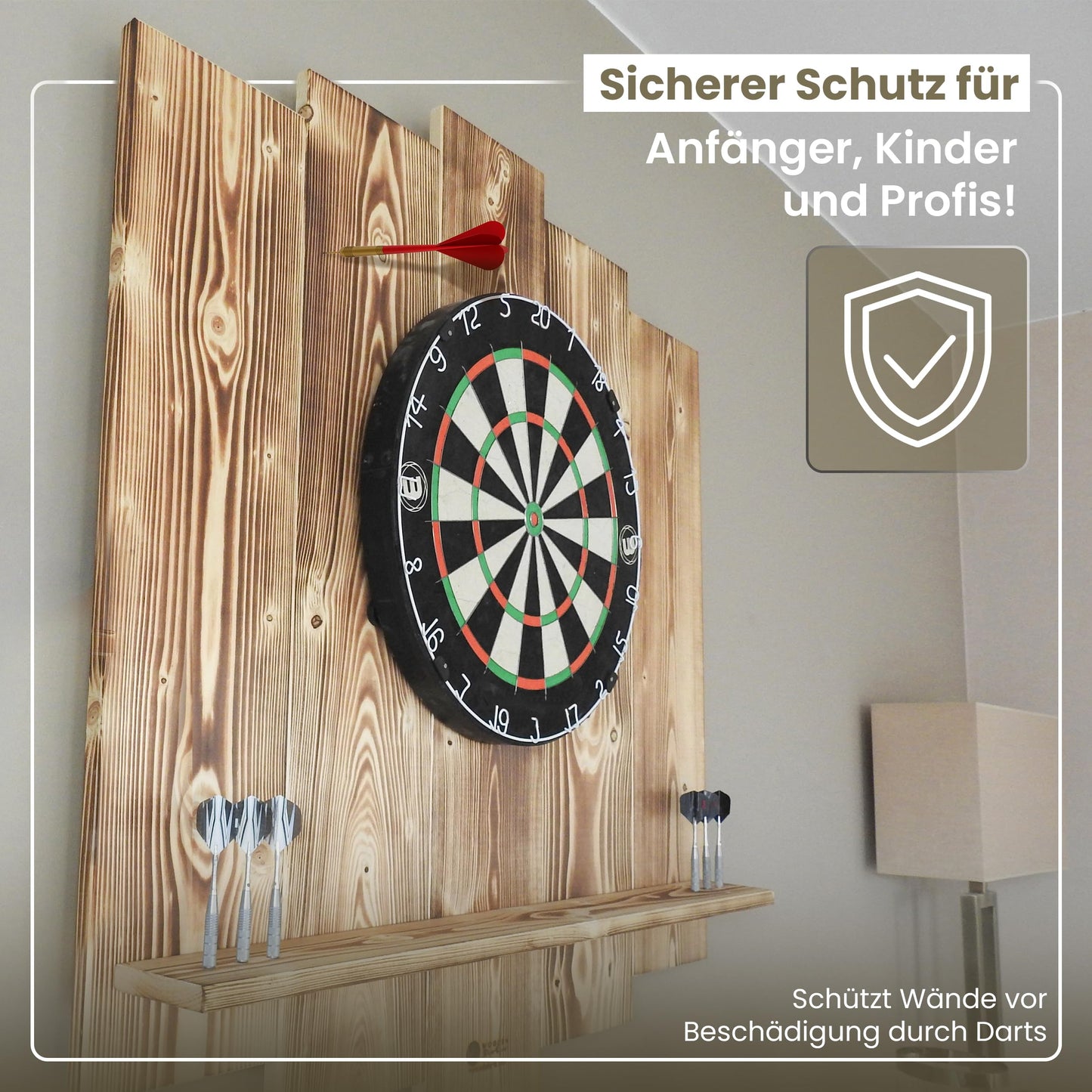 WOODEN Dartboard Surround | Premium dart wall protection & tablet holder | Flamed "Burned Look" or colour design (catch ring, dart surround, backboard)