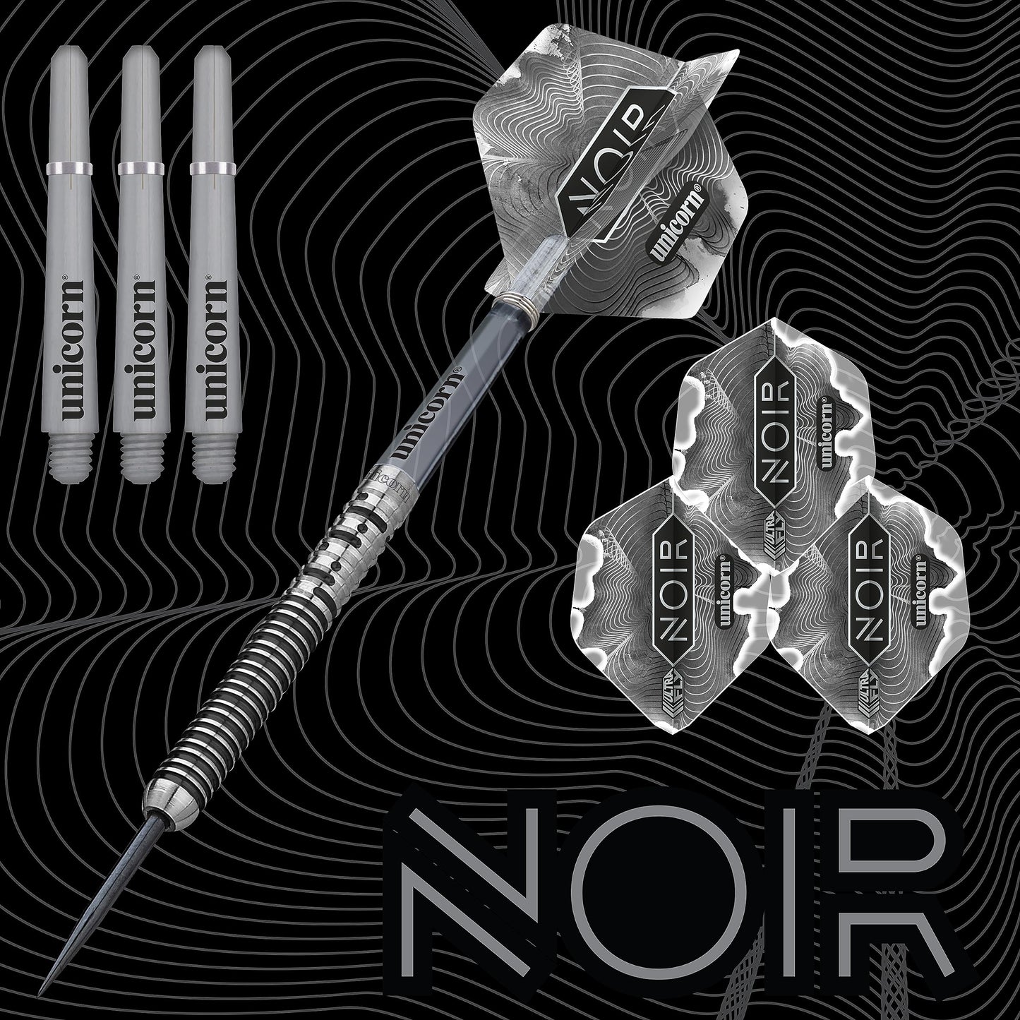 Unicorn Steel Tip Darts Set | Gary 'The Flying Scotsman' Anderson Noir Phase 3, 5 & 6 | 90% Tungsten Barrels with Black Titanium Coating | Presentation Packaging | 21g, 22g, 23g, 24g, 25g or 27g