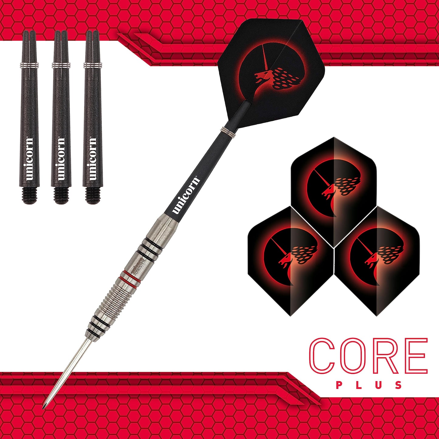 UNICORN Steel Tip Darts Set, Core Plus, Tungsten Barrels, 20g, 21g, 22g, 23g, 24g, 25g, 26g or 27g