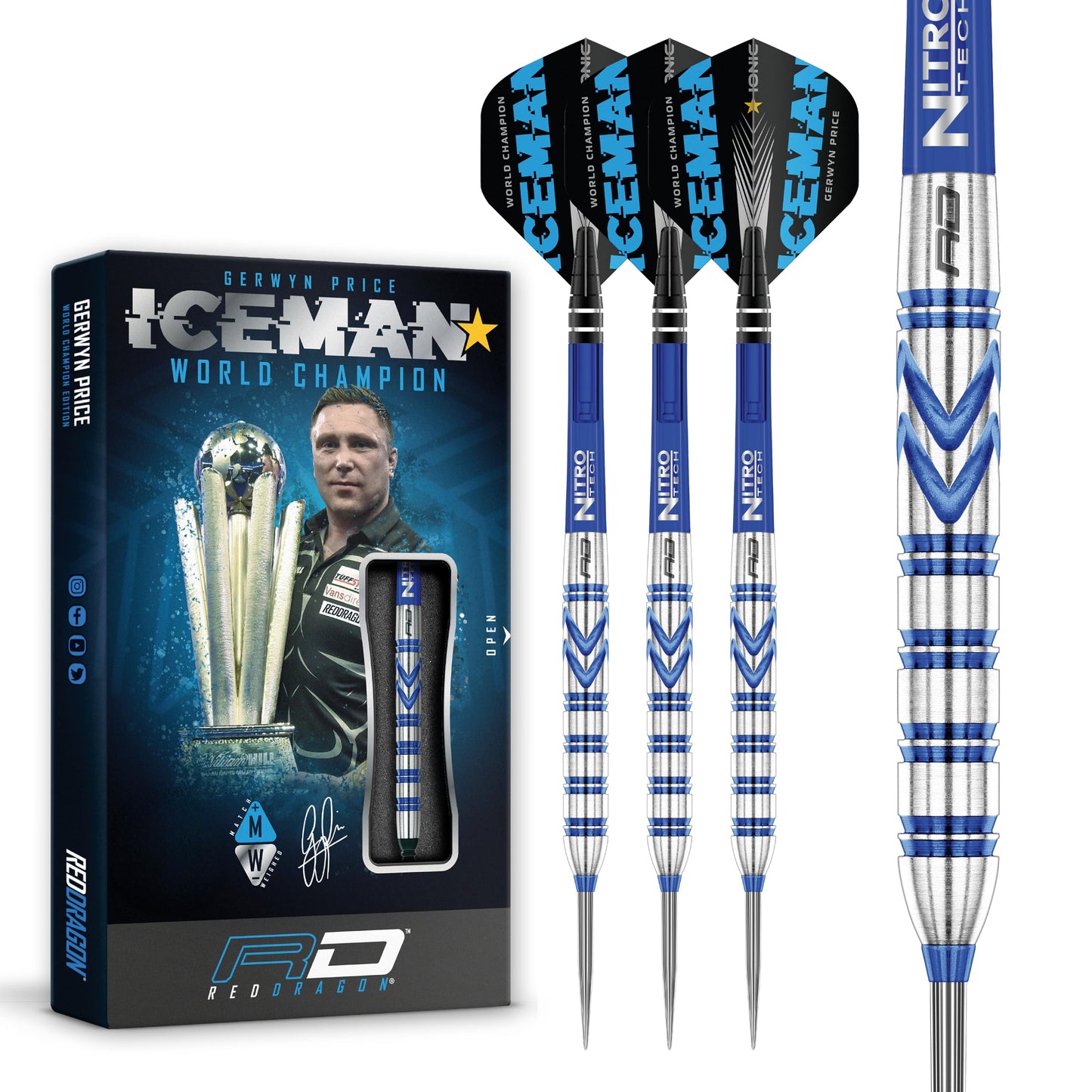 RED DRAGON Gerwyn Price Iceman - Tungsten Steel Darts Set with Flights and Stems