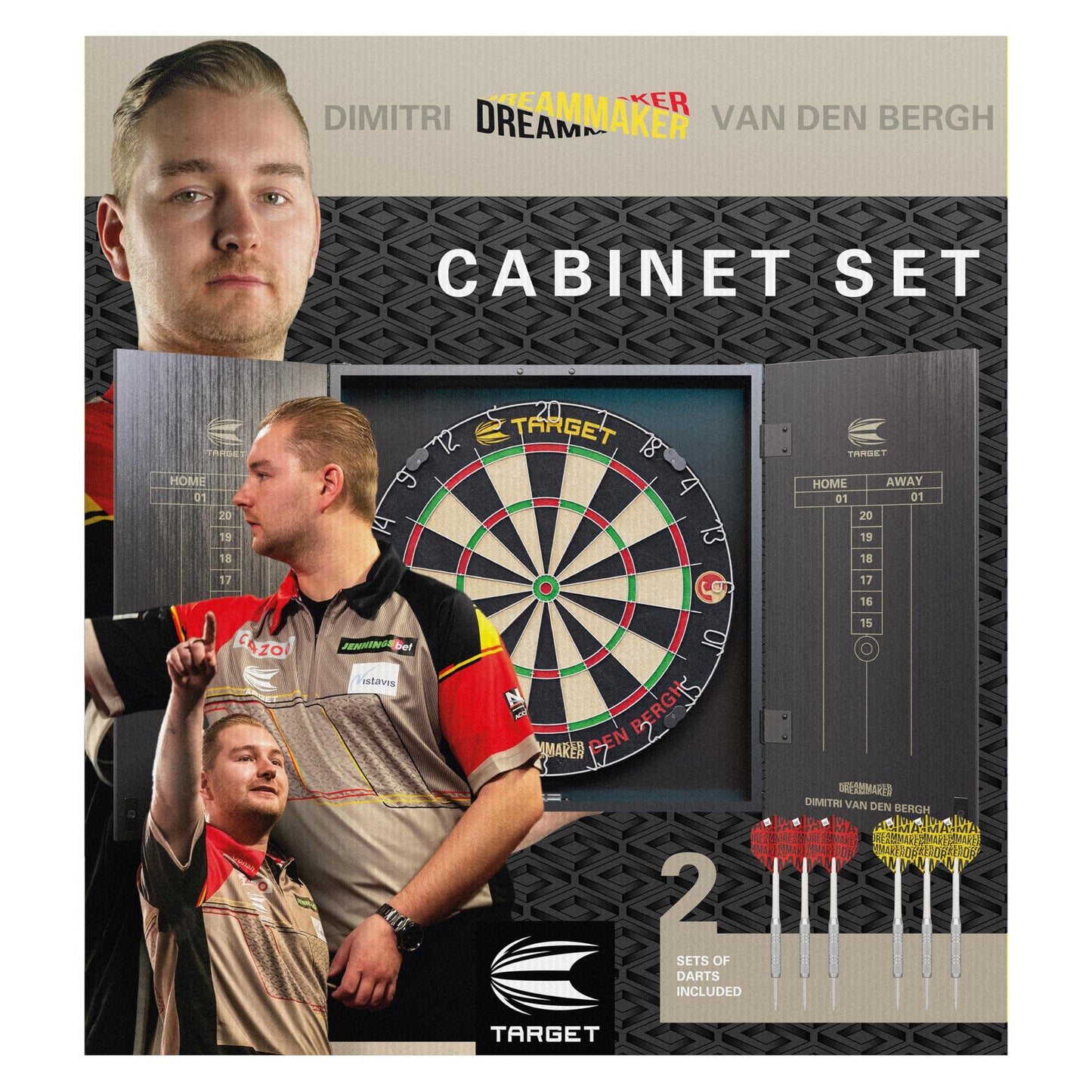 Target Darts Player Dartboard and Cabinet Set | Luke Littler/Dimitri Van den Bergh/Gabriel Clemens | Dart Board Cupboard with 2 Sets of Steel Tip Darts, Score Charts, Competition Standard Throw Line