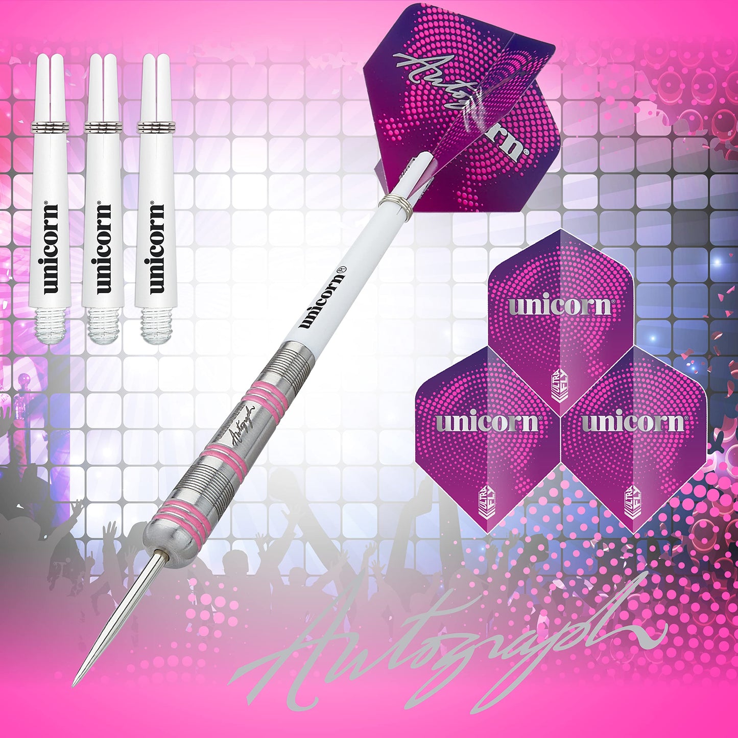 Unicorn Steel Tip Darts Set | Autograph Series Styles 1, 2 & 3 | 80% Natural Tungsten Barrels with Pink Accents | 19 g, 21 g, 22 g, 23 g, 24 g, 25 g, 26 g, 28 g or 30 g