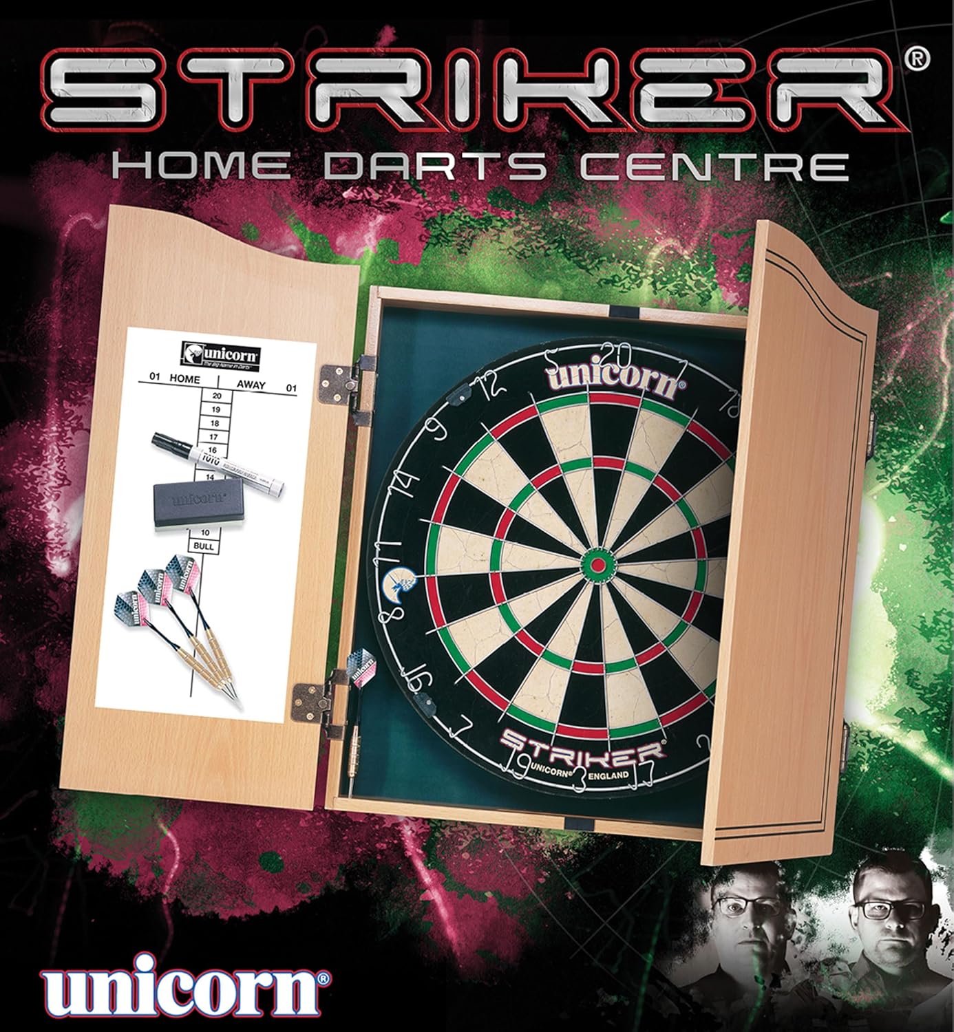 Dartboard & Cabinet Darts Board | Striker | Sisal Bristle Board & Wooden Cabinet with Shaped Doors | with 2 Sets of Darts, Marker Pen, Wiper & Checkout Chart