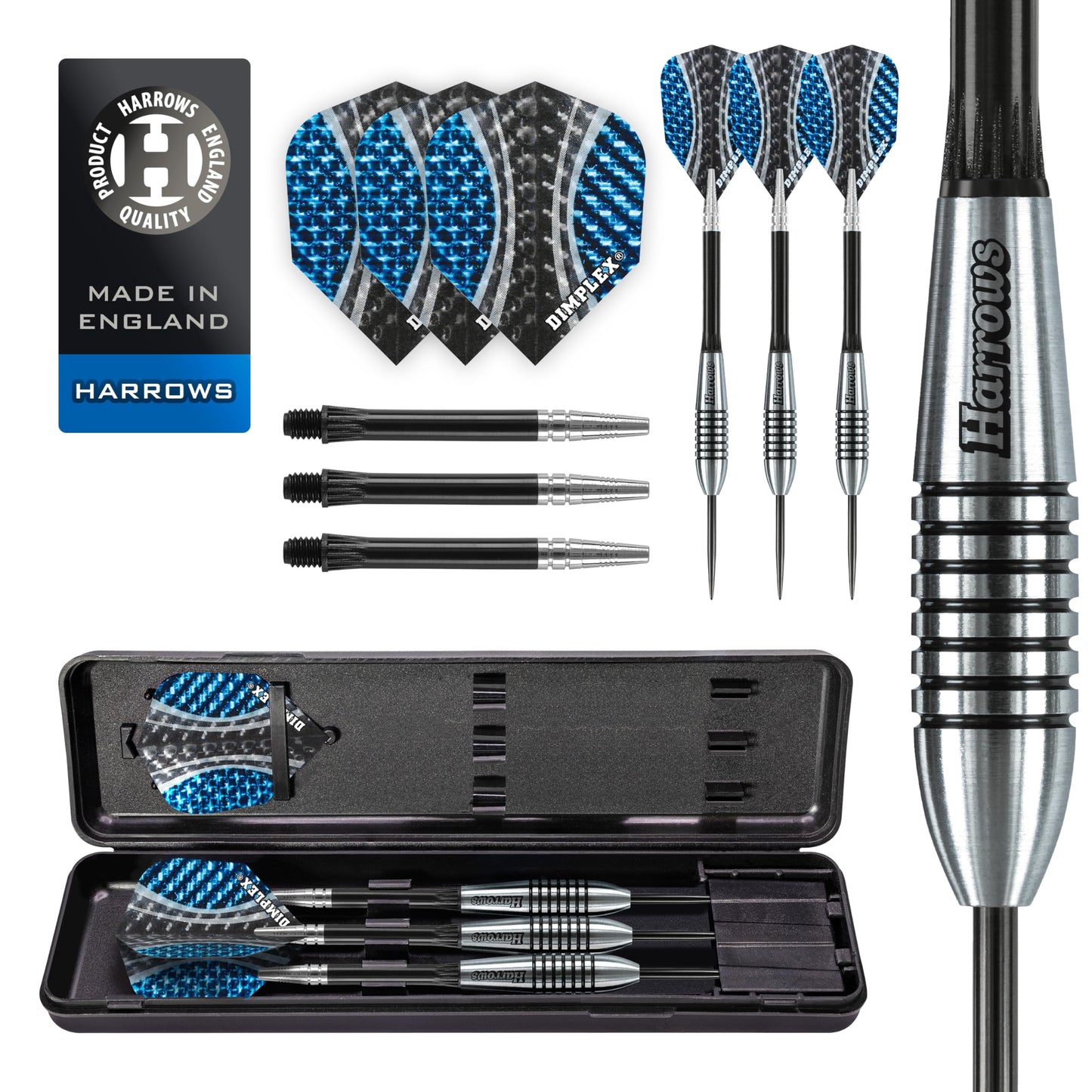 Harrows Bomber 85% Tungsten Steel Tip Darts Set 21g, 23g, 25g & 27g - Includes High Grade Shafts, Aerodynamic Flights & Travel Case