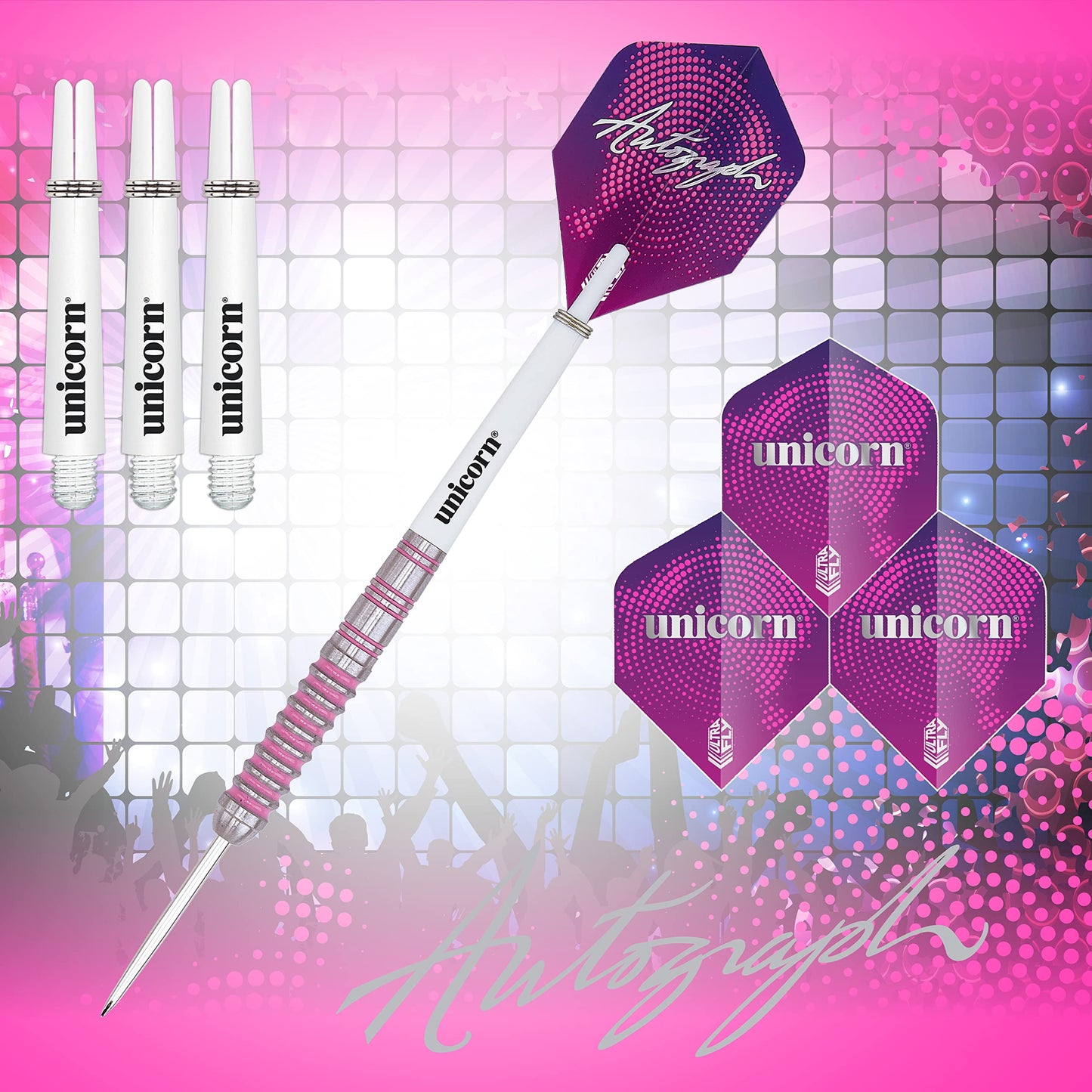 Unicorn Steel Tip Darts Set | Autograph Series Styles 1, 2 & 3 | 80% Natural Tungsten Barrels with Pink Accents | 19 g, 21 g, 22 g, 23 g, 24 g, 25 g, 26 g, 28 g or 30 g