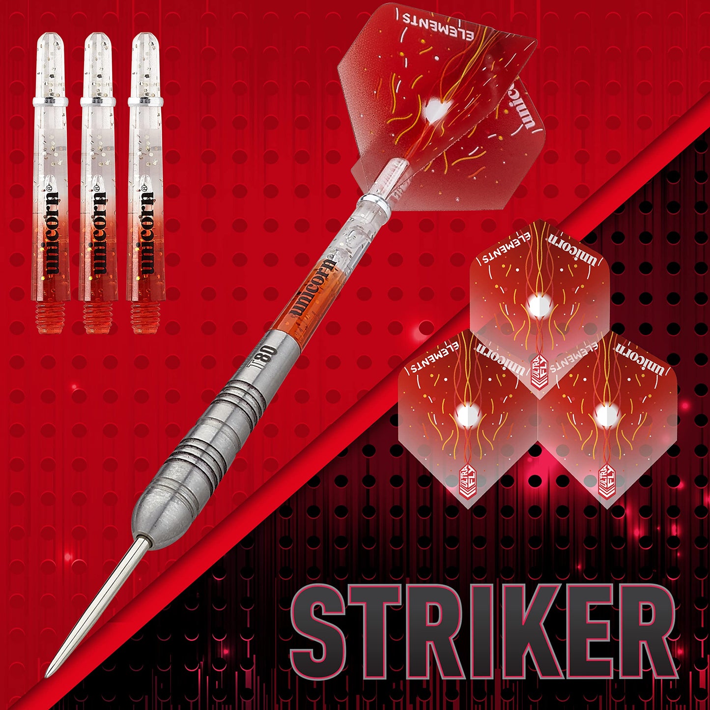 Unicorn Steel Tip Darts Set, Core Striker Series, 80 Percent Natural Tungsten Barrels, 20g, 21g, 22g, 23g, 24g or 25g