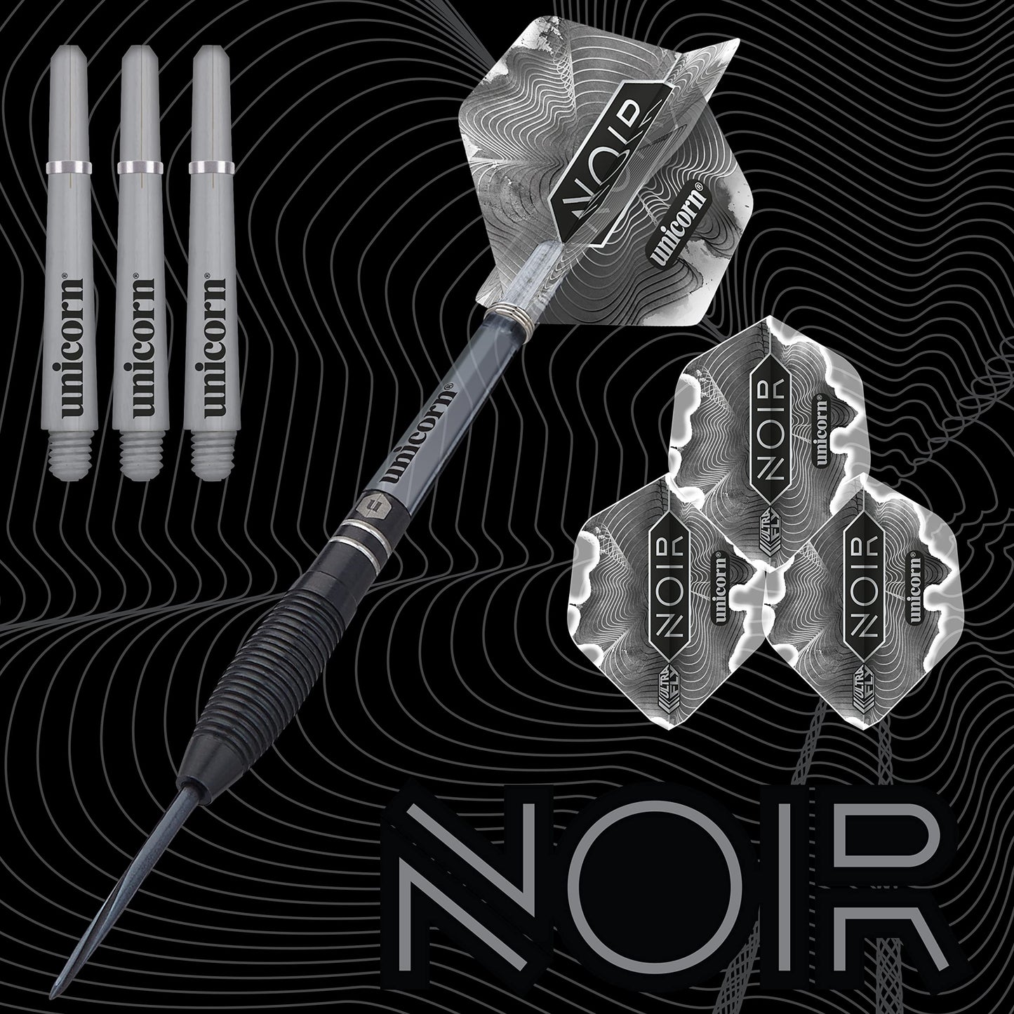 Unicorn Steel Tip Darts Set - Noir - 90% Tungsten Barrels with Black Titanium Coating & Black Volute Points - 21 g, 22 g, 23 g, 24 g, 25 g or 26 g