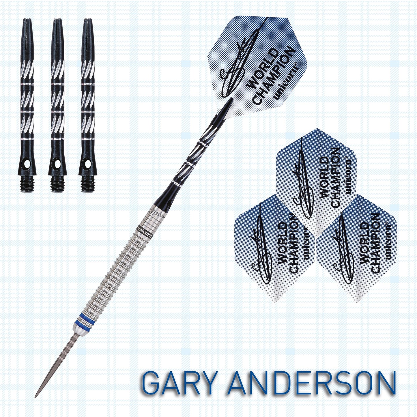 Unicorn Steel Tip Darts Set | Gary 'The Flying Scotsman' Anderson Phase 3 World Champion | 90% Natural Tungsten Barrels with Blue Accents