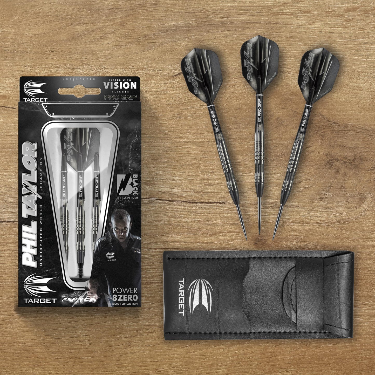 TARGET Darts Phil Taylor Power 8-Zero 3 Black Steel Tip Darts, 80% Tungsten Dart Set, P8Z3, 22G/24G | Player Edition Darts with Fixed Points | Black Darts Case Included