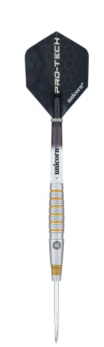 Unicorn Steel Tip Darts Set | Pro-Tech Style 1 | 90% Natural Tungsten Barrels with Golden Accents & Volute Points | 24 g