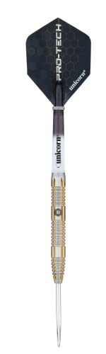Unicorn Steel Tip Darts Set | Pro-Tech Style 1 | 90% Natural Tungsten Barrels with Golden Accents & Volute Points | 24 g