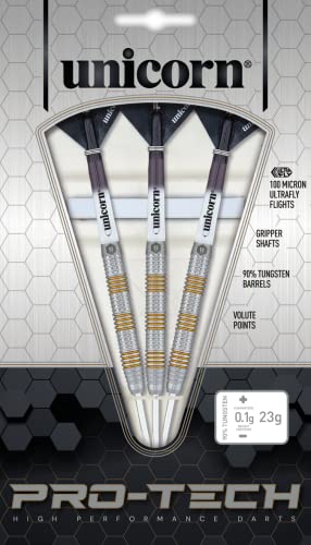 Unicorn Steel Tip Darts Set | Pro-Tech Style 1 | 90% Natural Tungsten Barrels with Golden Accents & Volute Points | 24 g