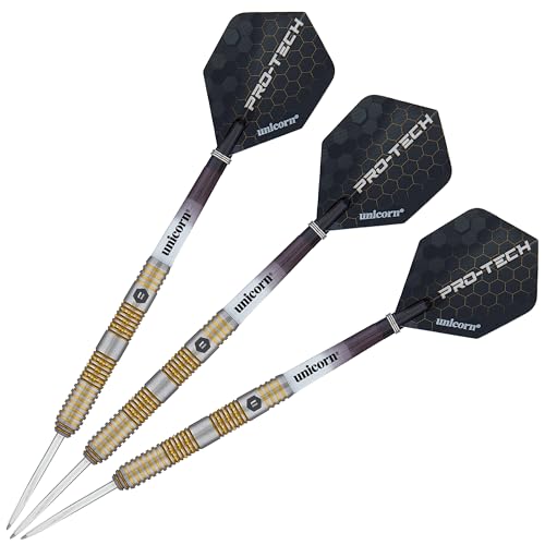 Unicorn Steel Tip Darts Set | Pro-Tech Style 1 | 90% Natural Tungsten Barrels with Golden Accents & Volute Points | 24 g