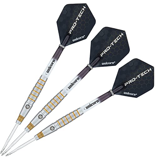 Unicorn Steel Tip Darts Set | Pro-Tech Style 1 | 90% Natural Tungsten Barrels with Golden Accents & Volute Points | 24 g