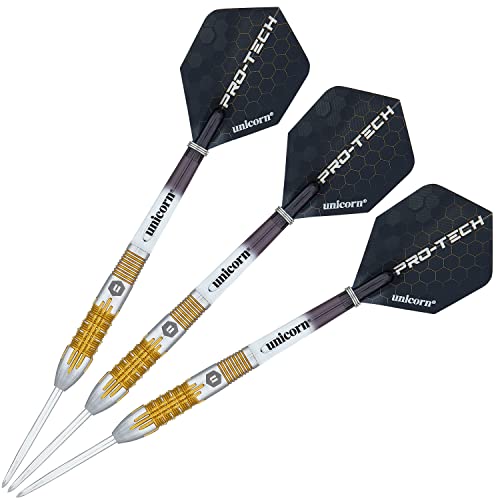Unicorn Steel Tip Darts Set | Pro-Tech Style 1 | 90% Natural Tungsten Barrels with Golden Accents & Volute Points | 24 g