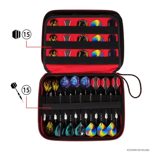 USA Gear XL Semi Hard Shell Dart Case - Storage Protective Case for 15 Piece Dart Set, Tips, Flights and Shafts, and More Accessories - Locking Foam Design for Soft and Steel Tips - Black
