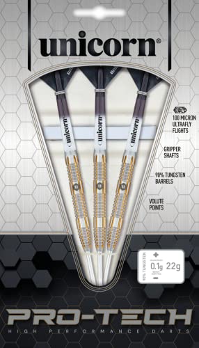 Unicorn Steel Tip Darts Set | Pro-Tech Style 1 | 90% Natural Tungsten Barrels with Golden Accents & Volute Points | 24 g