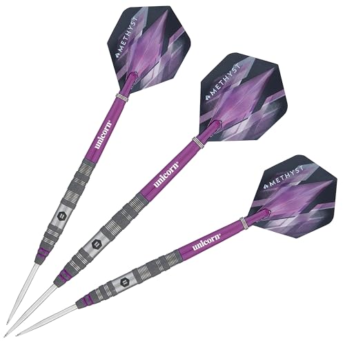 Unicorn Darts Set | Amethyst 90% Natural Tungsten Gripper Finish Barrels with Purple Accents & Laser Etched U Logo Hallmark | Steel Tip | 19 g, 20 g, 21 g, 22 g, 23g or 24 g