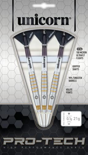Unicorn Steel Tip Darts Set | Pro-Tech Style 1 | 90% Natural Tungsten Barrels with Golden Accents & Volute Points | 24 g
