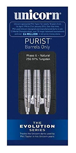 Unicorn Steel Tip Darts Barrels | Evolution Series Phase 1, 2, 3, 5 & 6 | Natural 90%, 95% & 97% Tungsten Barrels | 24g, 25g or 26g