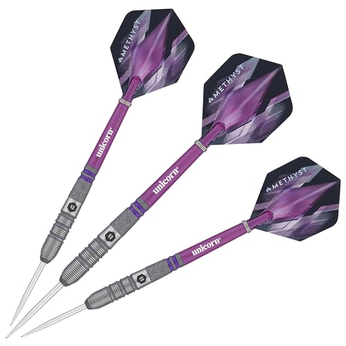 Unicorn Darts Set | Amethyst 90% Natural Tungsten Gripper Finish Barrels with Purple Accents & Laser Etched U Logo Hallmark | Steel Tip | 19 g, 20 g, 21 g, 22 g, 23g or 24 g