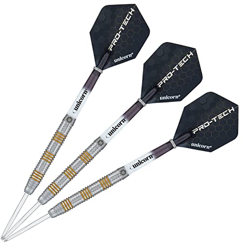 Unicorn Steel Tip Darts Set | Pro-Tech Style 1 | 90% Natural Tungsten Barrels with Golden Accents & Volute Points | 24 g