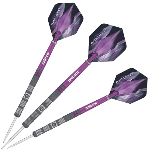 Unicorn Darts Set | Amethyst 90% Natural Tungsten Gripper Finish Barrels with Purple Accents & Laser Etched U Logo Hallmark | Steel Tip | 19 g, 20 g, 21 g, 22 g, 23g or 24 g