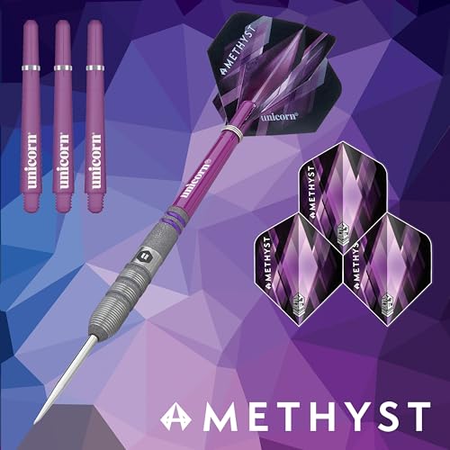 Unicorn Darts Set | Amethyst 90% Natural Tungsten Gripper Finish Barrels with Purple Accents & Laser Etched U Logo Hallmark | Steel Tip | 19 g, 20 g, 21 g, 22 g, 23g or 24 g