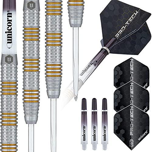 Unicorn Steel Tip Darts Set | Pro-Tech Style 1 | 90% Natural Tungsten Barrels with Golden Accents & Volute Points | 24 g