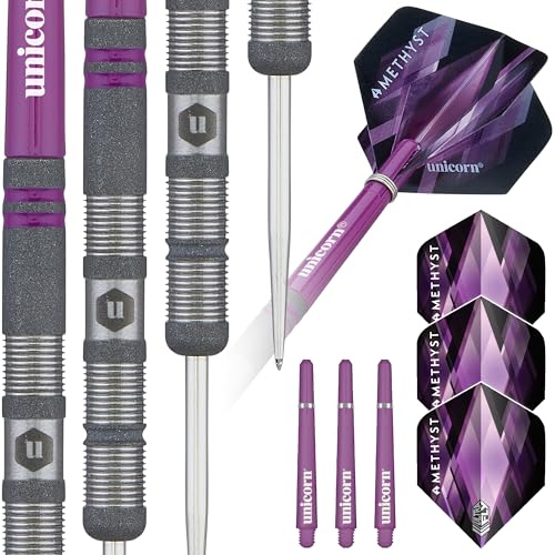 Unicorn Darts Set | Amethyst 90% Natural Tungsten Gripper Finish Barrels with Purple Accents & Laser Etched U Logo Hallmark | Steel Tip | 19 g, 20 g, 21 g, 22 g, 23g or 24 g