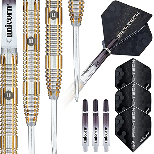 Unicorn Steel Tip Darts Set | Pro-Tech Style 1 | 90% Natural Tungsten Barrels with Golden Accents & Volute Points | 24 g