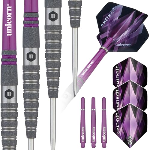 Unicorn Darts Set | Amethyst 90% Natural Tungsten Gripper Finish Barrels with Purple Accents & Laser Etched U Logo Hallmark | Steel Tip | 19 g, 20 g, 21 g, 22 g, 23g or 24 g