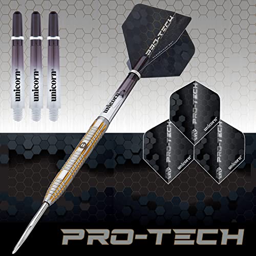 Unicorn Steel Tip Darts Set | Pro-Tech Style 1 | 90% Natural Tungsten Barrels with Golden Accents & Volute Points | 24 g