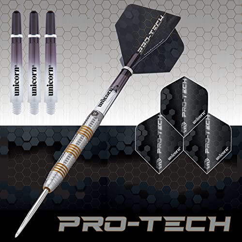 Unicorn Steel Tip Darts Set | Pro-Tech Style 1 | 90% Natural Tungsten Barrels with Golden Accents & Volute Points | 24 g