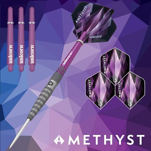 Unicorn Darts Set | Amethyst 90% Natural Tungsten Gripper Finish Barrels with Purple Accents & Laser Etched U Logo Hallmark | Steel Tip | 19 g, 20 g, 21 g, 22 g, 23g or 24 g