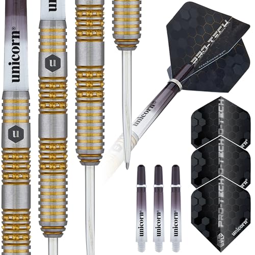 Unicorn Steel Tip Darts Set | Pro-Tech Style 1 | 90% Natural Tungsten Barrels with Golden Accents & Volute Points | 24 g