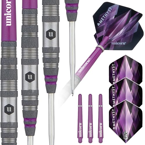Unicorn Darts Set | Amethyst 90% Natural Tungsten Gripper Finish Barrels with Purple Accents & Laser Etched U Logo Hallmark | Steel Tip | 19 g, 20 g, 21 g, 22 g, 23g or 24 g