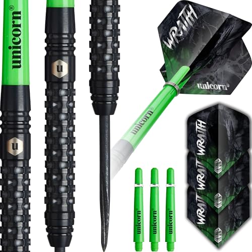 Unicorn Darts Set | Wraith | 90% Tungsten Barrels with Complex Milled Grip | Durable 100 Micron Ultrafly Flights | Black Steel Tip Volute Points