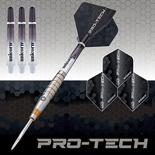 Unicorn Steel Tip Darts Set | Pro-Tech Style 1 | 90% Natural Tungsten Barrels with Golden Accents & Volute Points | 24 g