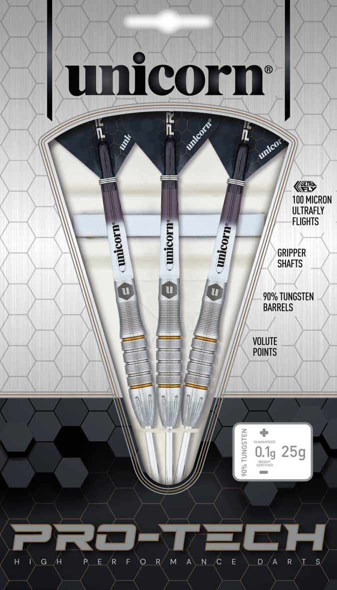 Unicorn Steel Tip Darts Set | Pro-Tech Style 1 | 90% Natural Tungsten Barrels with Golden Accents & Volute Points | 24 g