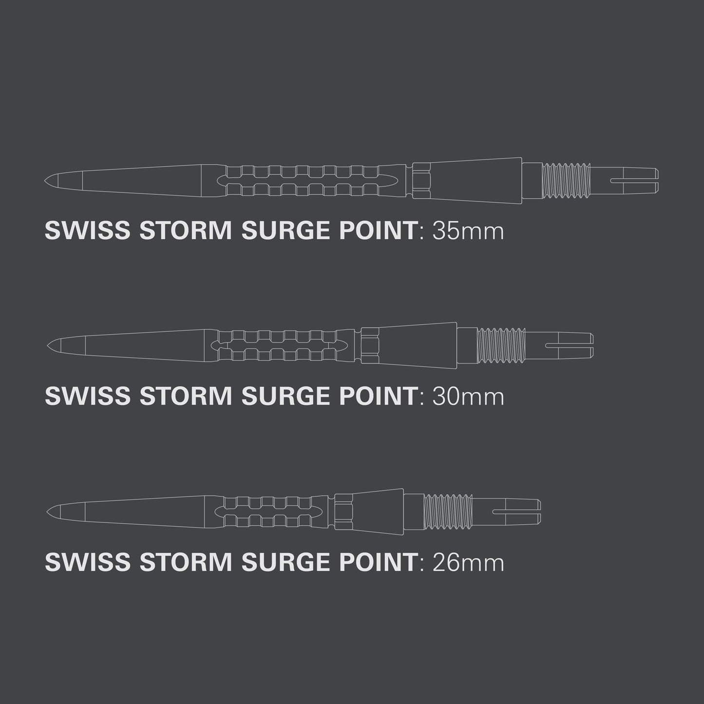 TARGET Darts Swiss Point Storm Dart Points, Surge (3 Pack Set of Tips) 26MM/30MM/35MM – Gold/Silver/Black | Change Dart Points, Swiss Storm Points, Professional Darts Accessories