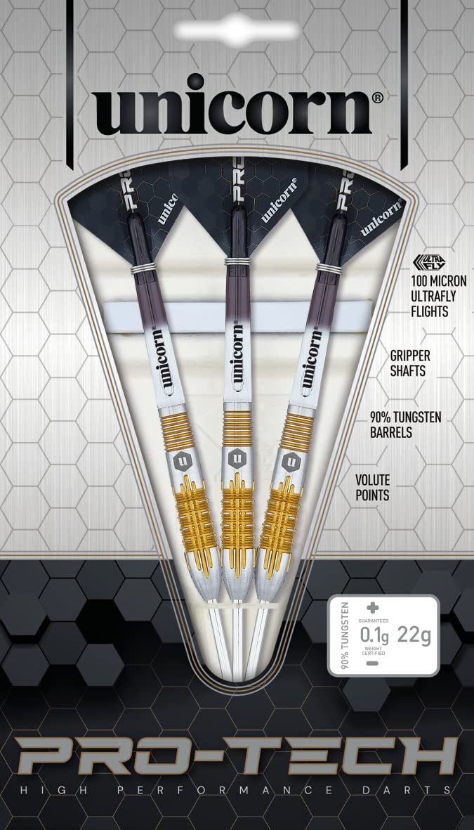 Unicorn Steel Tip Darts Set | Pro-Tech Style 1 | 90% Natural Tungsten Barrels with Golden Accents & Volute Points | 24 g