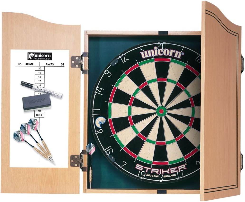 Dartboard & Cabinet Darts Board | Striker | Sisal Bristle Board & Wooden Cabinet with Shaped Doors | with 2 Sets of Darts, Marker Pen, Wiper & Checkout Chart