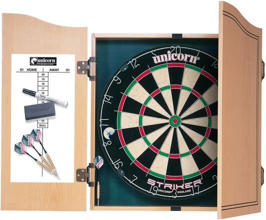 Dartboard & Cabinet Darts Board | Striker | Sisal Bristle Board & Wooden Cabinet with Shaped Doors | with 2 Sets of Darts, Marker Pen, Wiper & Checkout Chart