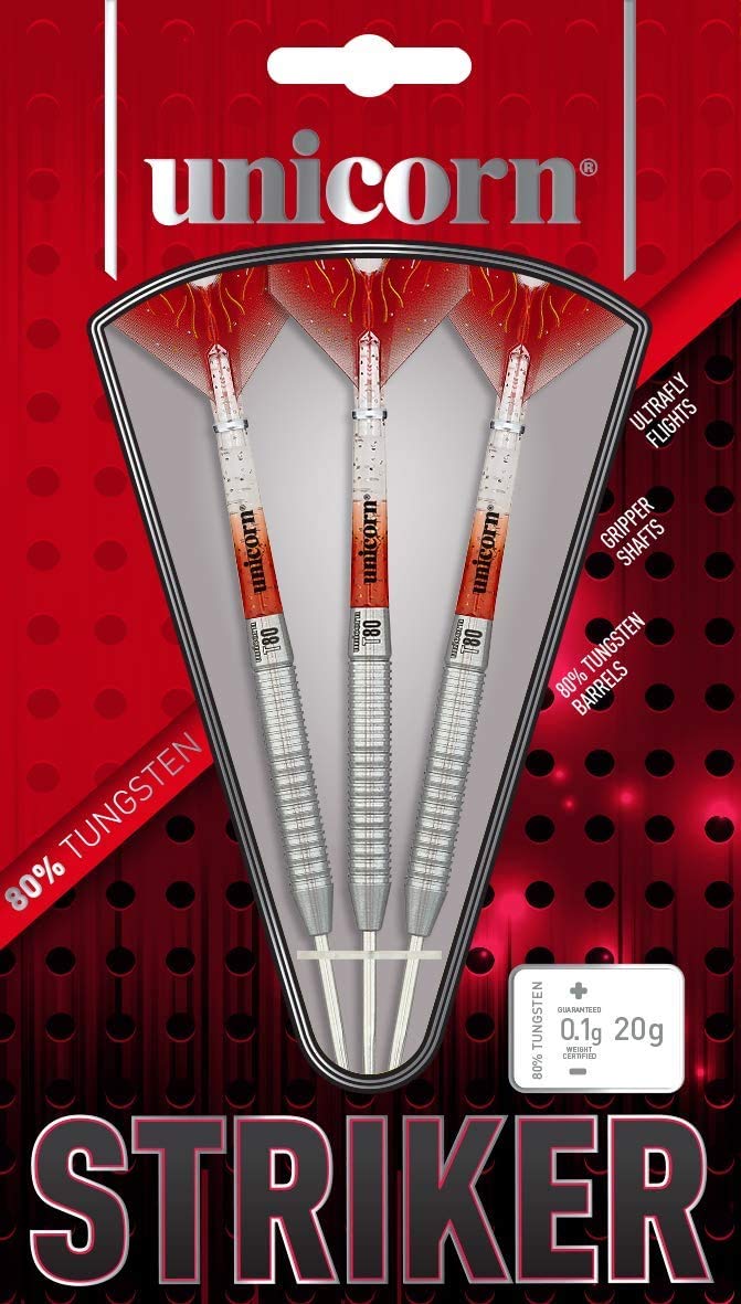 Unicorn Steel Tip Darts Set, Core Striker Series, 80 Percent Natural Tungsten Barrels, 20g, 21g, 22g, 23g, 24g or 25g