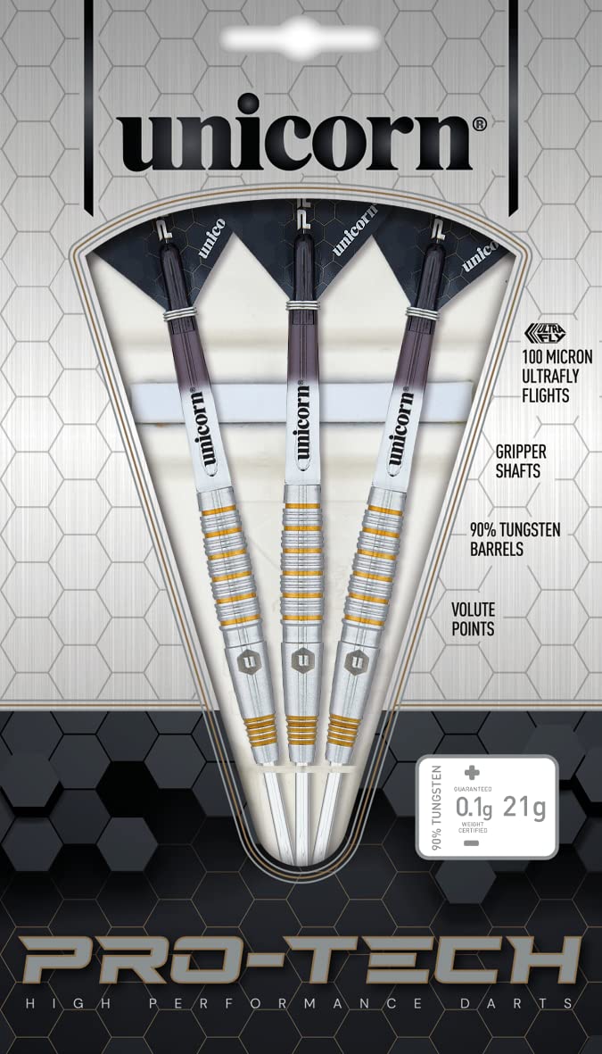 Unicorn Steel Tip Darts Set | Pro-Tech Style 1 | 90% Natural Tungsten Barrels with Golden Accents & Volute Points | 24 g