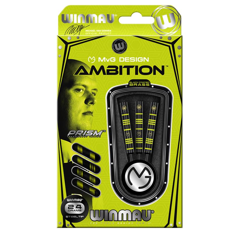 WINMAU Michael Van Gerwen MvG Ambition Professional Brass Darts Set with Flights and Shafts Available in Steeltip and Softip